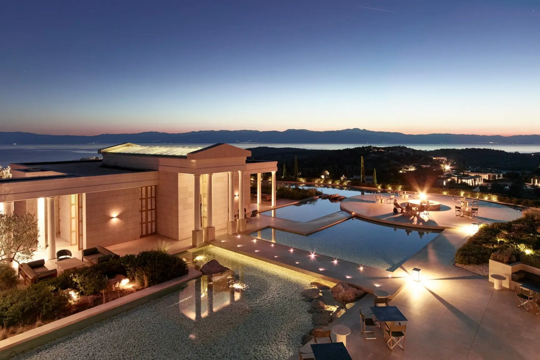 Amanzoe, Greece - Bar, Fire pit, View, Sunset, Aerial_16245_edit