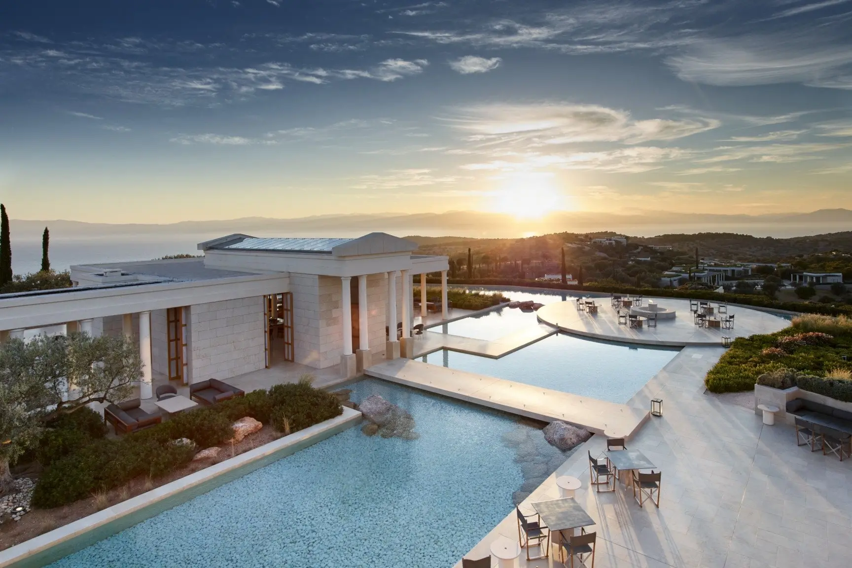 Amanzoe, Greece - Bar, Fire pit, View, Sunset, Aerial_16243_edit