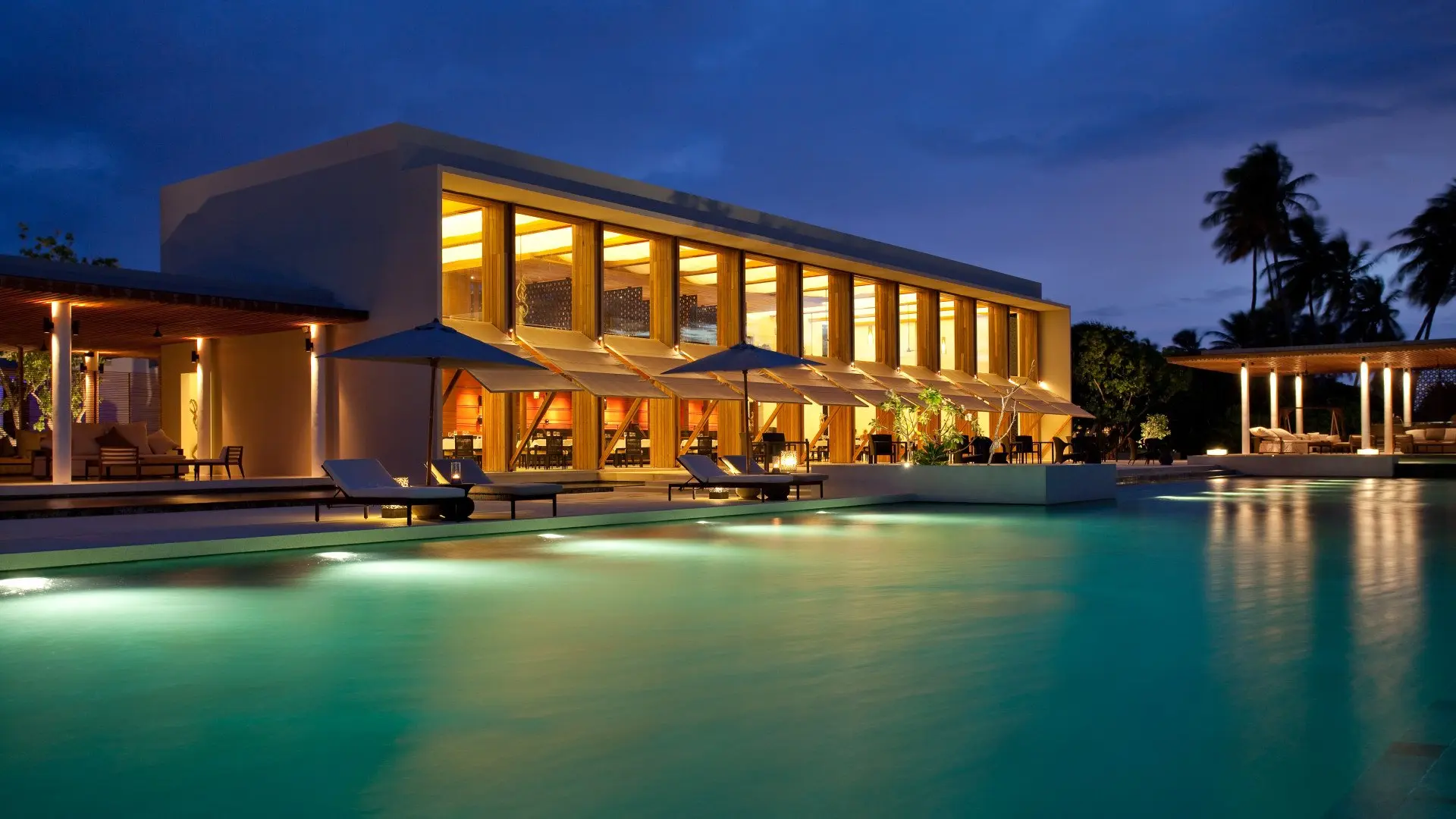 Hadahaa - Main Pool & Dining Room after sunset (0601)