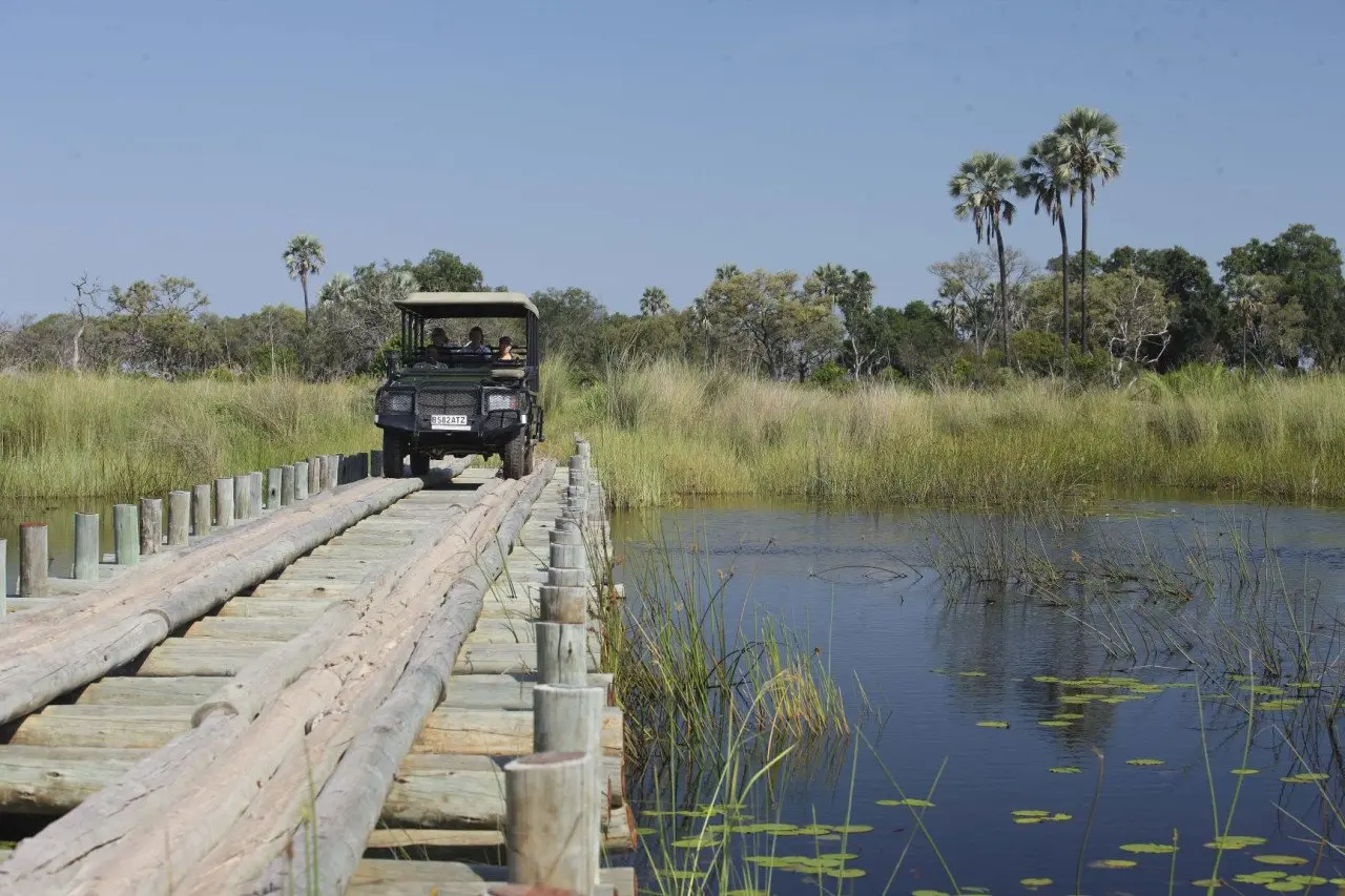 Botswana-Nxabega-Okavango-Delta-Camp-Experience-Game-Drive-vehicle-driving-on-the-bridge