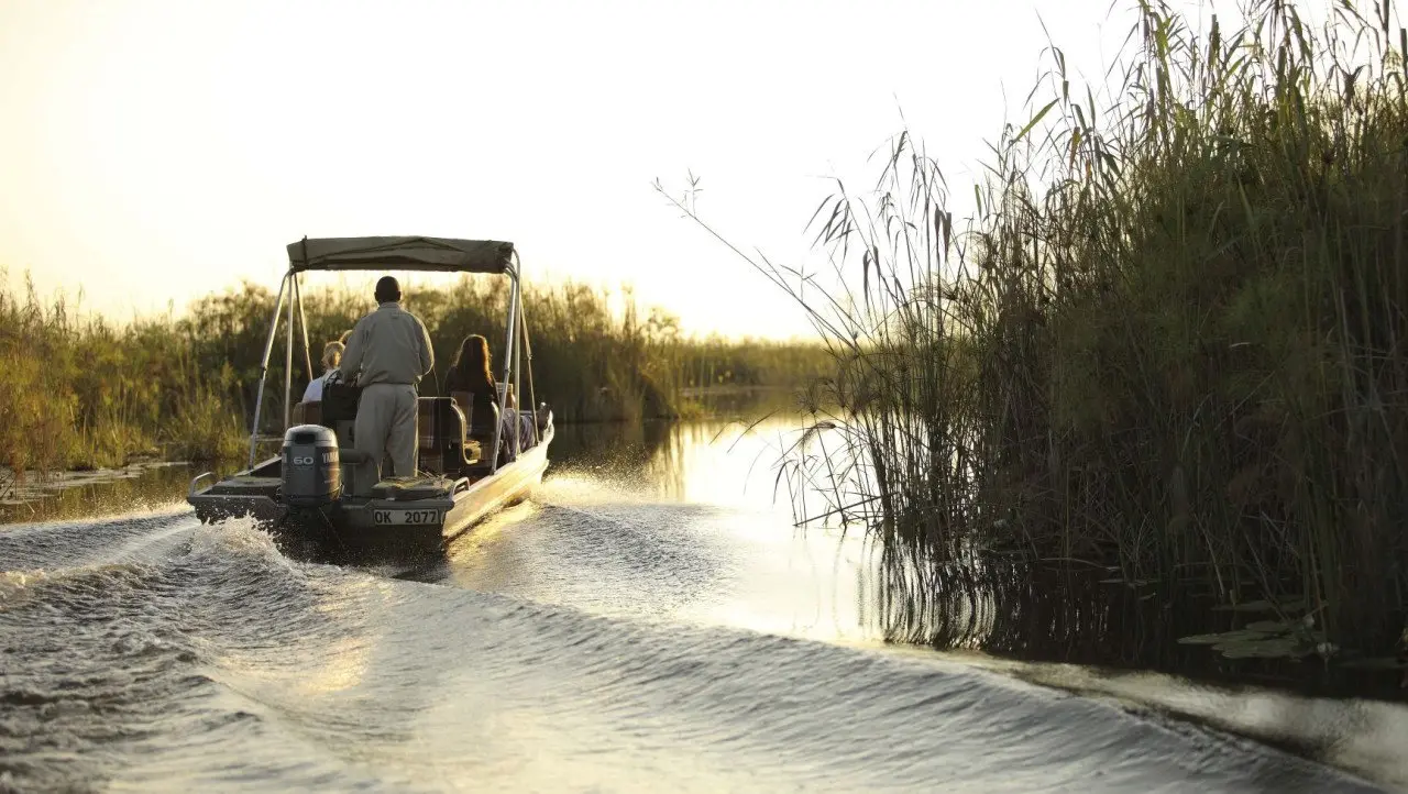 Botswana-Nxabega-Okavango-Delta-Camp-Exerience-Boat-cruise-boat-on-right-at-sunset