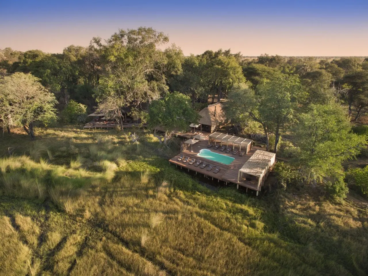 Botswana-Nxabega-Okavango-Tented-Camp-Aerial-view-of-swimming-pool