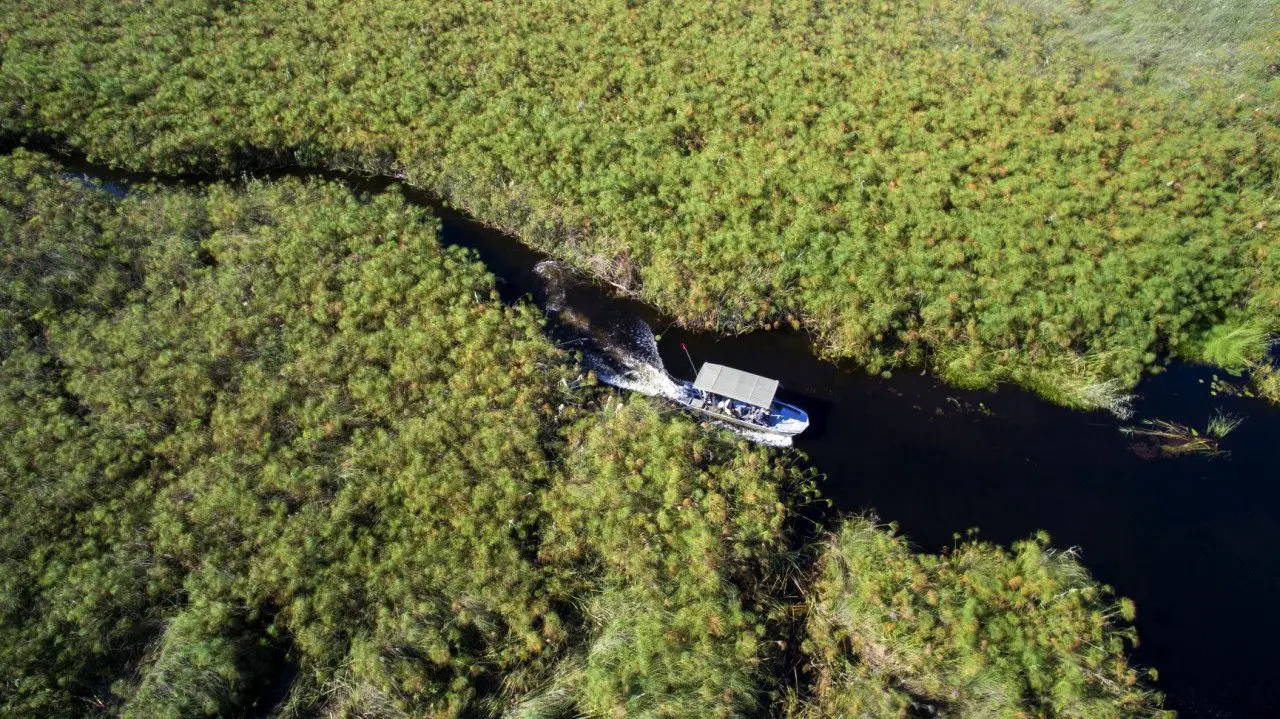 Botswana-Nxabega-Okavango-Tented-Camp-Aerial-view-of-boat-cruise