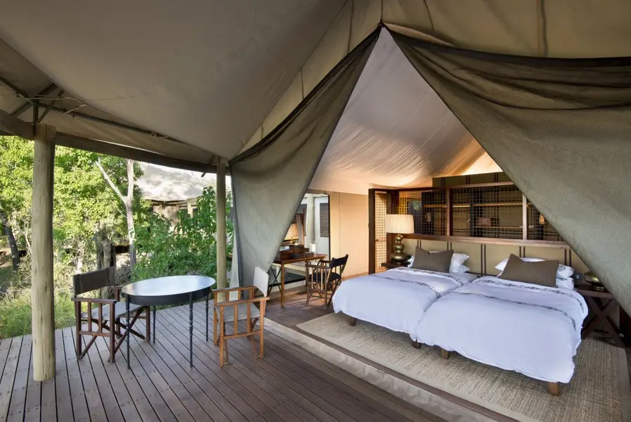 Botswana-Nxabega-Okavango-Tented-Camp-Tent-bedroom-bed-and-deck