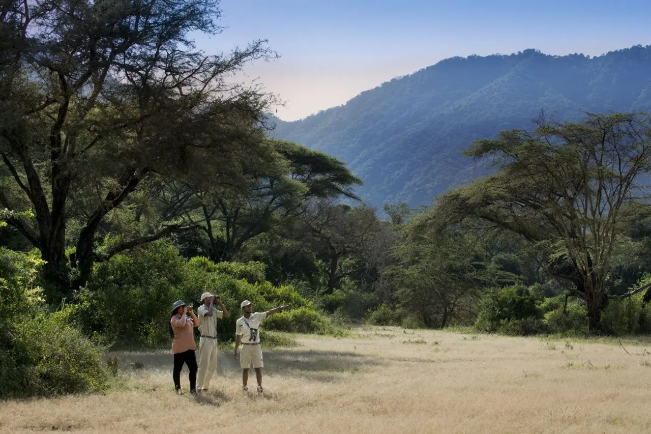 Tanzania-Lake-Manyara-Tree-Lodge-Experience-Walking-safari-bush-walk-guide-ranger-demonstrating-to-guests