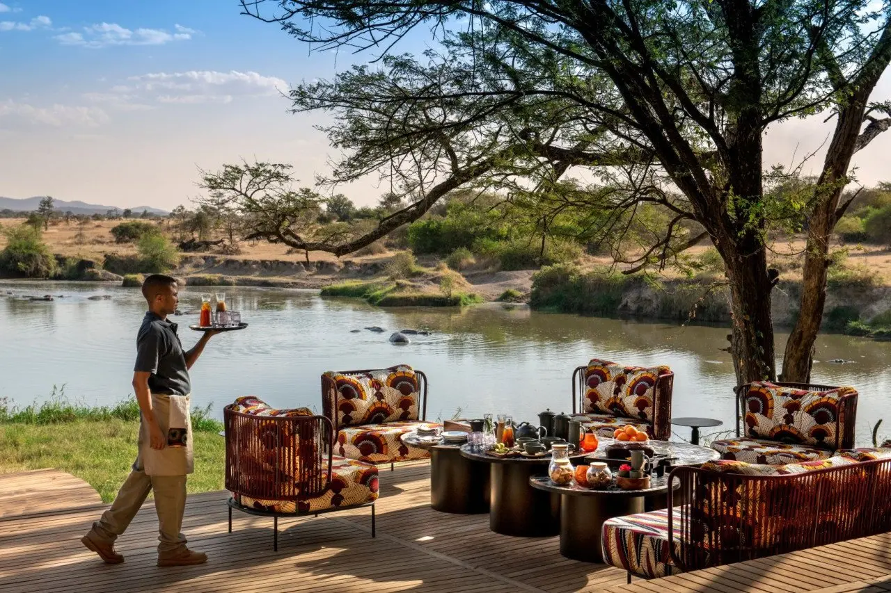 Tanzania-Grumeti-Serengeti-River-Lodge-Guest-Area-lounge-afternoon-tea-setup-Beyonder-butler